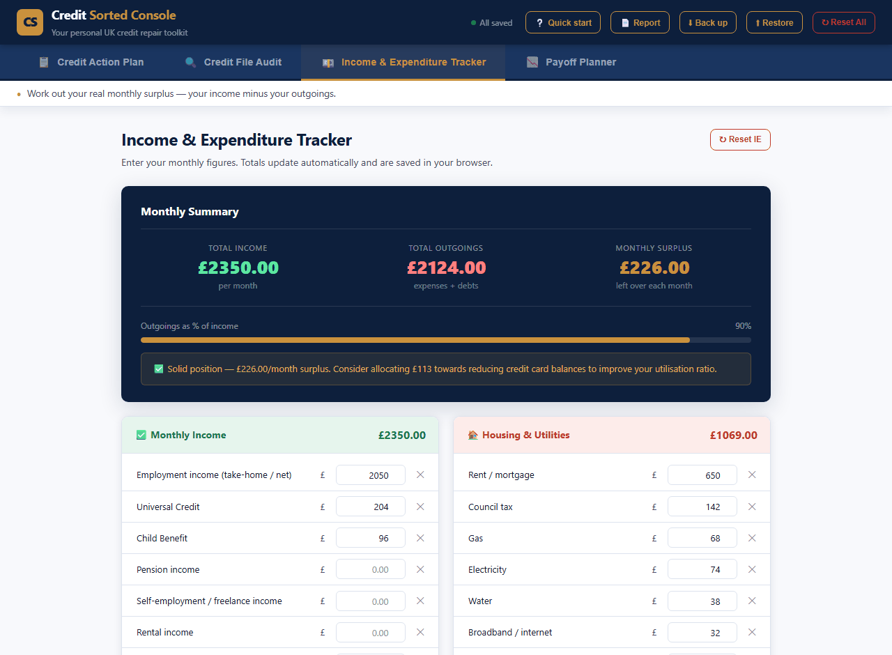 Income & Expenditure Tracker filled in with a sample UK household budget