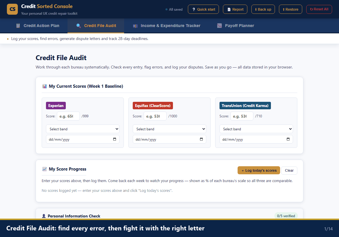 Credit File Audit: logging three bureau scores, adding accounts, and generating a dispute letter