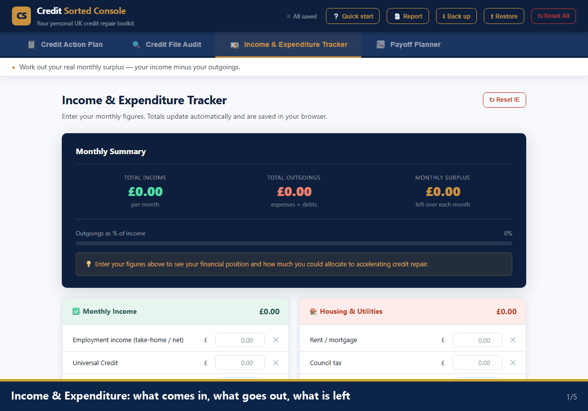 Income & Expenditure Tracker: typing in monthly figures and watching the surplus update