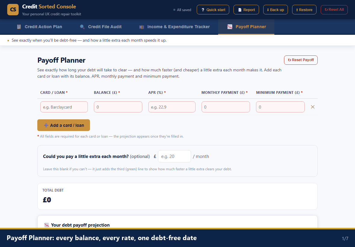 Payoff Planner: adding three debts and watching the debt-free date move as extra payments go up